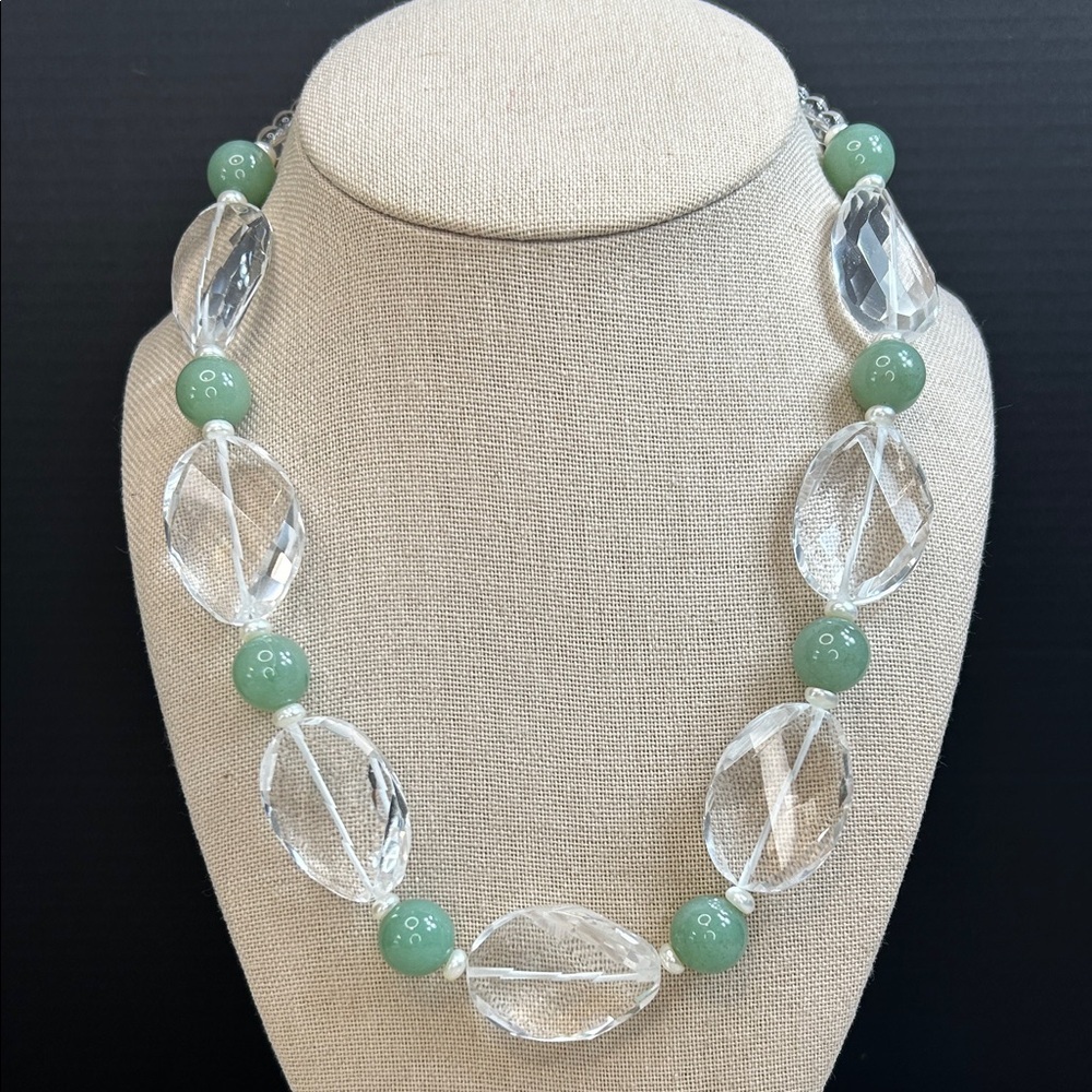 Clear Quartz and Aventurine Necklace with Freshwater Pearl Spacer Beads